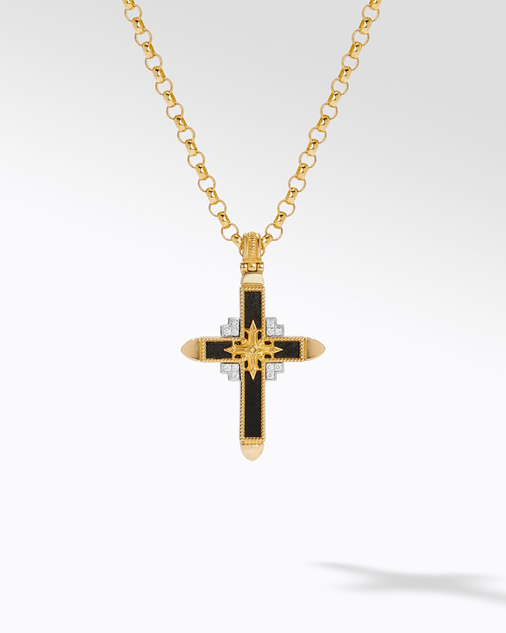 18KT GOLD DIAM VVS+ONYX CROSS | Konstantino Jewelry