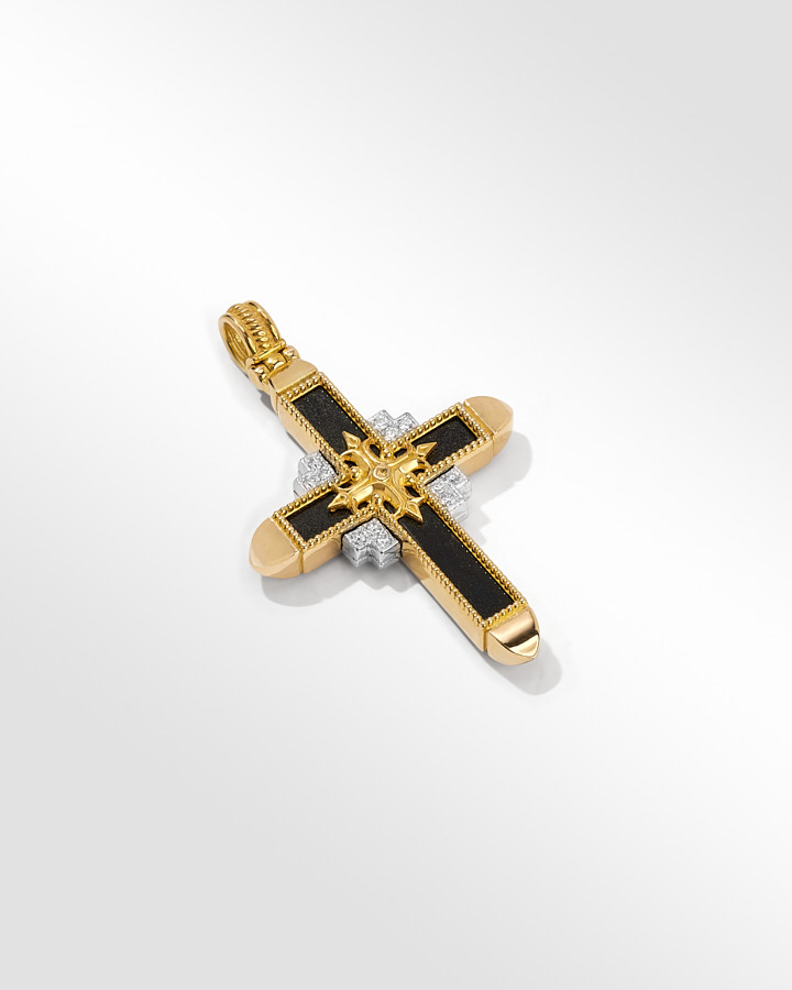 18KT GOLD DIAM VVS+ONYX CROSS | Konstantino Jewelry