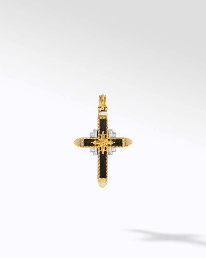 18KT GOLD DIAM VVS+ONYX CROSS | Konstantino Jewelry